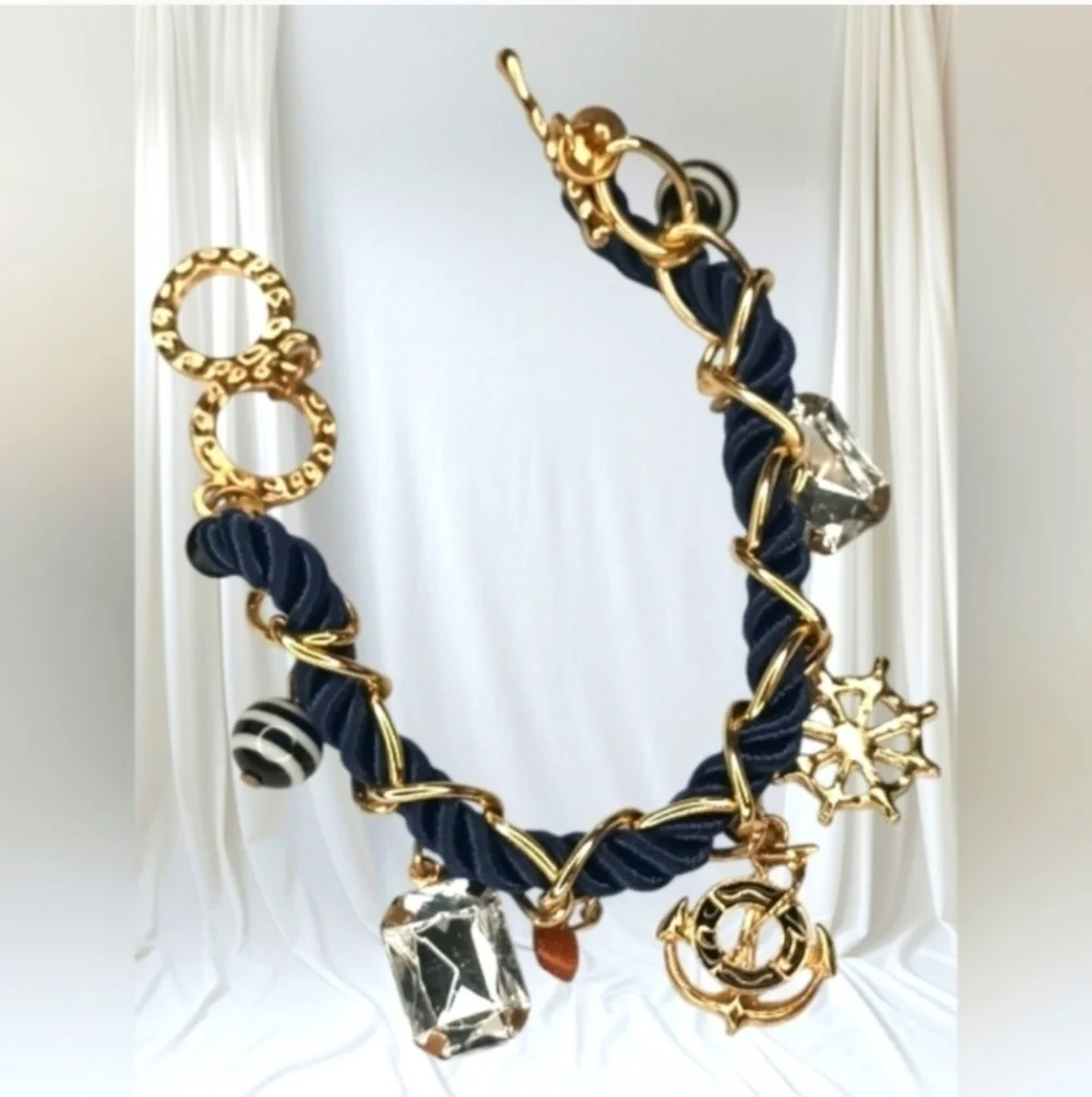 Nautical Navy Rope Bracelet with Gold Charms